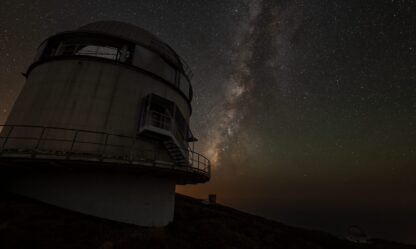 The Nordic Optical Telescope at night underneath the Milky Way