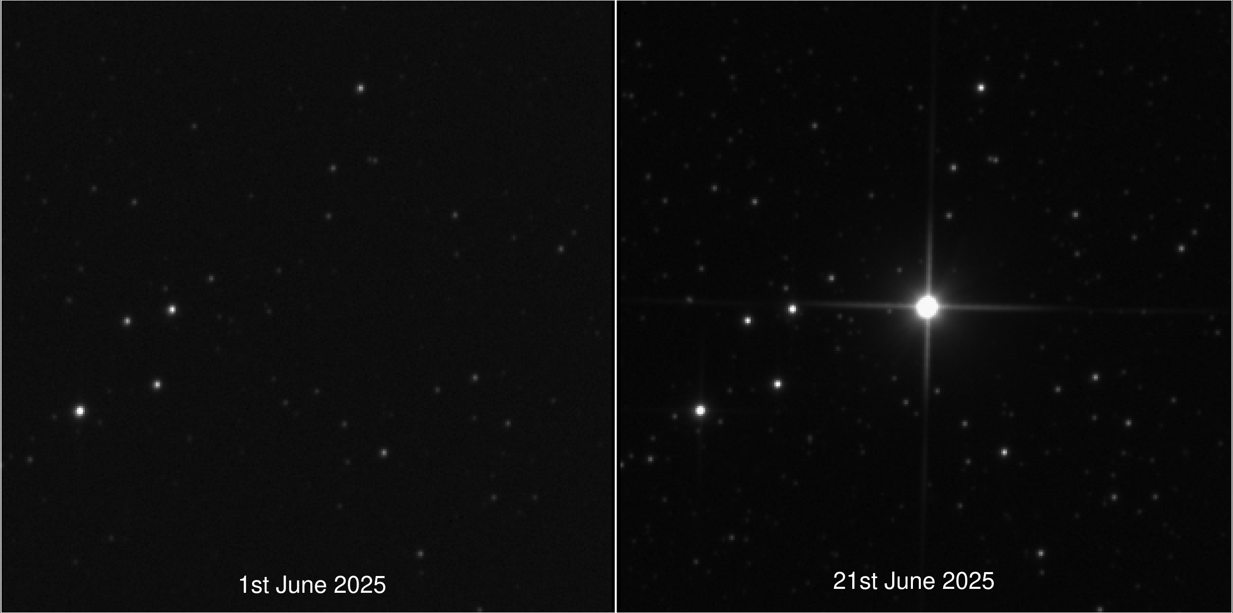 GOTO image of the location of Nova Lupi 2025 before and after explosion