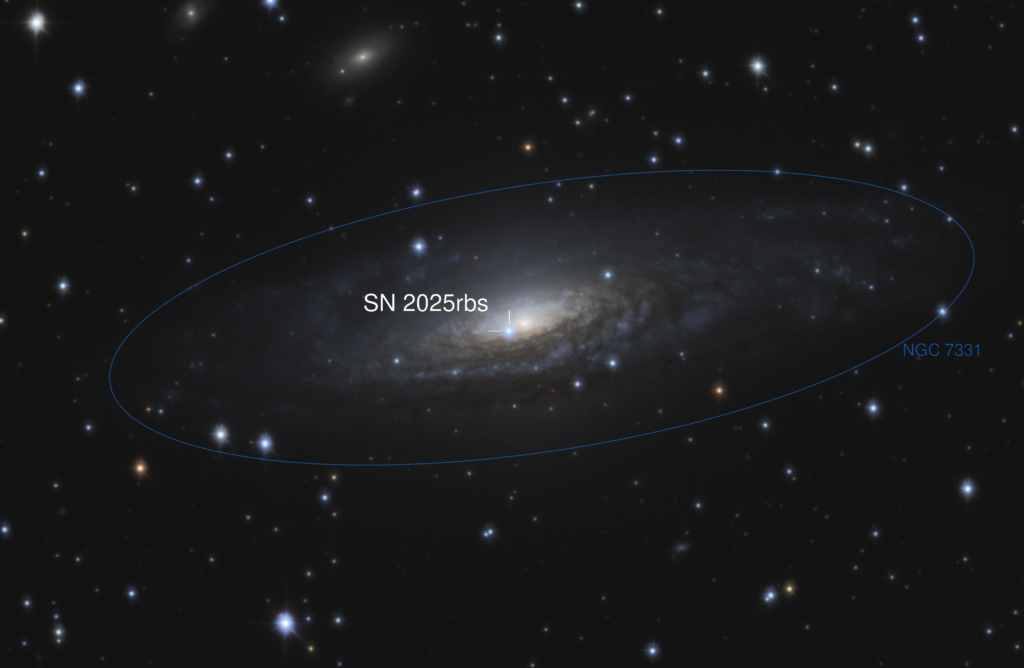 Supernova 2025rbs shown near the centre of the spiral galaxy NGC 7331