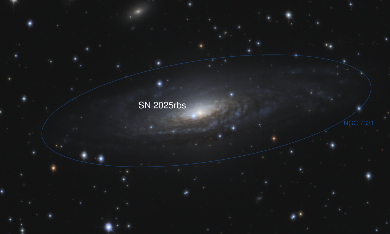 Supernova 2025rbs shown near the centre of the spiral galaxy NGC 7331